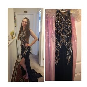 Navy blue prom dress with gold and silver beading